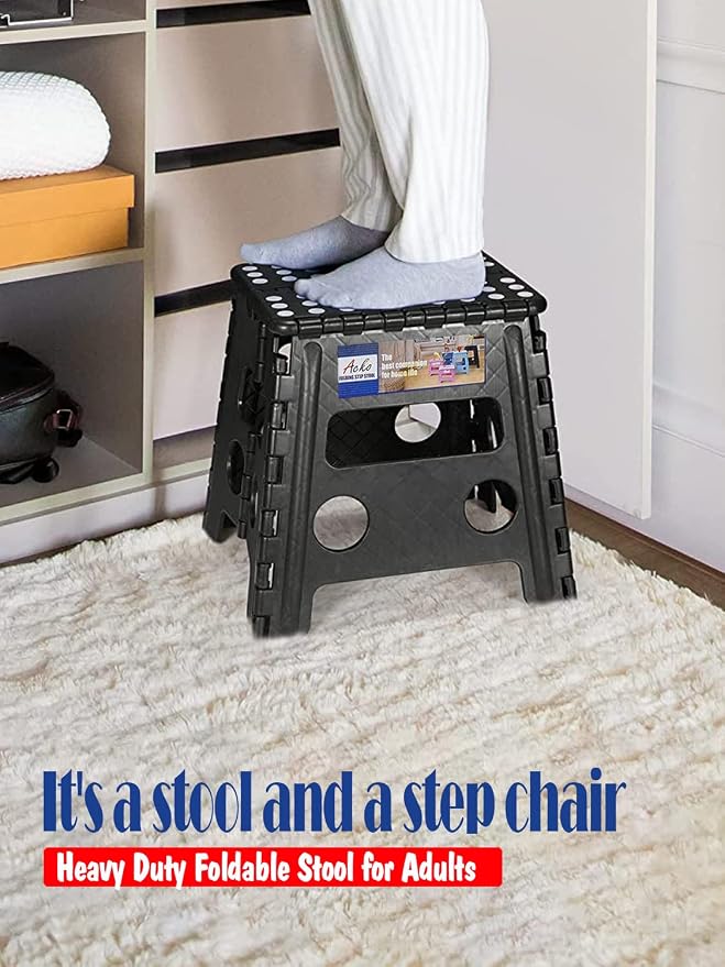 ACKO 13 Inch Folding Step Stool, Holds 300 lb for Adults and Kids, Black | Collapsible Heavy Duty Foldable Stools, Portable Non-Slip Foot Stepping stool, Kitchen Bathroom Bedroom Outdoor with Handle