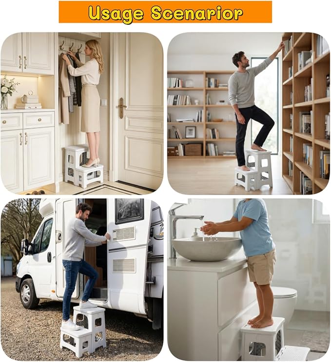 2 Step Stool Foldable, Non-Slip Steps, Folding Step Stool for Adults & Kids, Plastic Stool Pool Ladder, Collapsible Stools 2 Step Ladder for Kitchen Toilet Bedroom Office RV, Holds 330 lbs