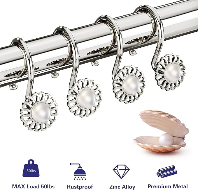 Nickel Shower Curtain Hooks Rings, Decorative Shower Curtain Hangers, Heavy Duty Metal Shower Rings, Sunflower Shower Hooks for Shower Curtain Rod and Liner, Bathroom Curtain Hooks, Set of 12 | Flower curtain hanger, pearl inlaid sunflower design, anti...