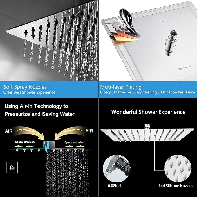 NearMoon Rain Shower Head, High Flow Stainless Steel Square Rainfall Shower, Waterfall Bath Shower Body Covering, Ceiling or Wall Mount (12 Inch, Chrome Finish)