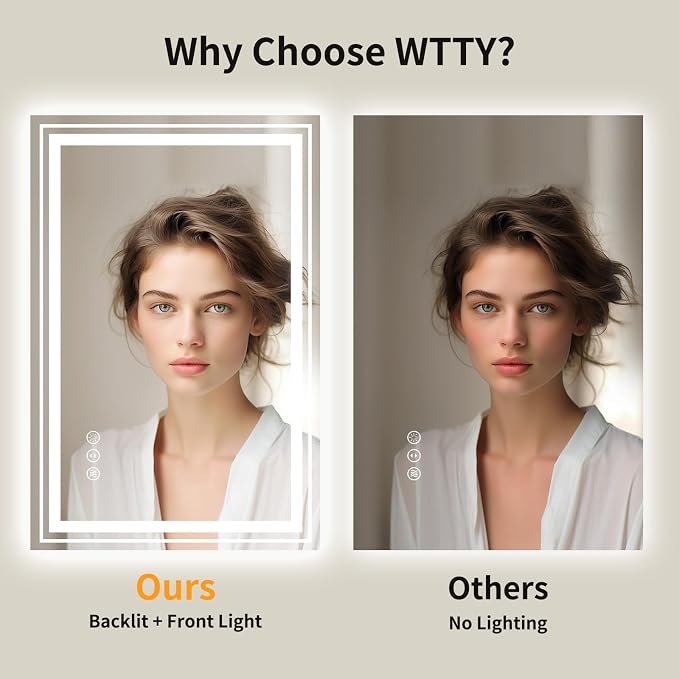 WTTY 24" x 32" LED Bathroom Mirror with Light | Anti-Fog, Dimmable, 3 Color Temperature, Memory Function, Tempered Glass, IP54 Waterproof, ETL Listed