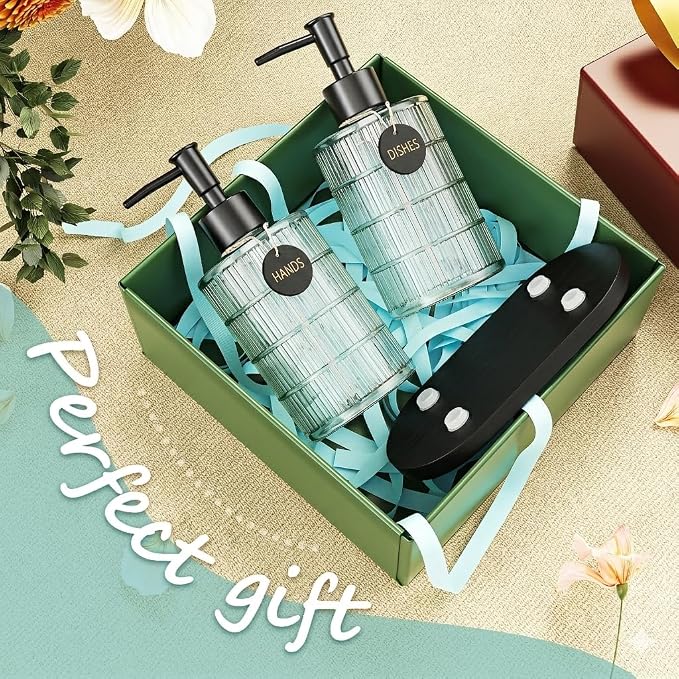 MASADI Soap Dispenser Set with Bamboo Tray, Dish and Hand Soap Lotion Dispenser Set with Wooden Pump for Kitchen and Bathroom Decor for Counter, Modern Vintage Liquid Soap Dispensers (Clear&Black)