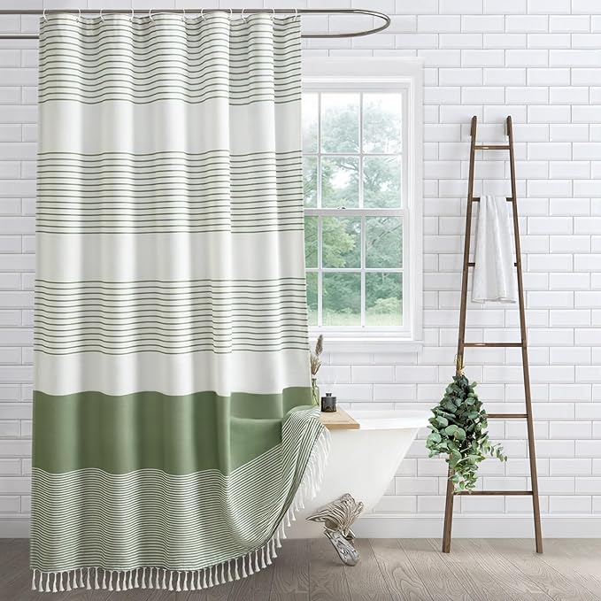Sage Green Boho Cotton Striped Shower Curtain with Tassel 72"W X 84"L | Extra Long Boho Farmhouse Shower Curtains for Bathroom with Soft Cotton Feel