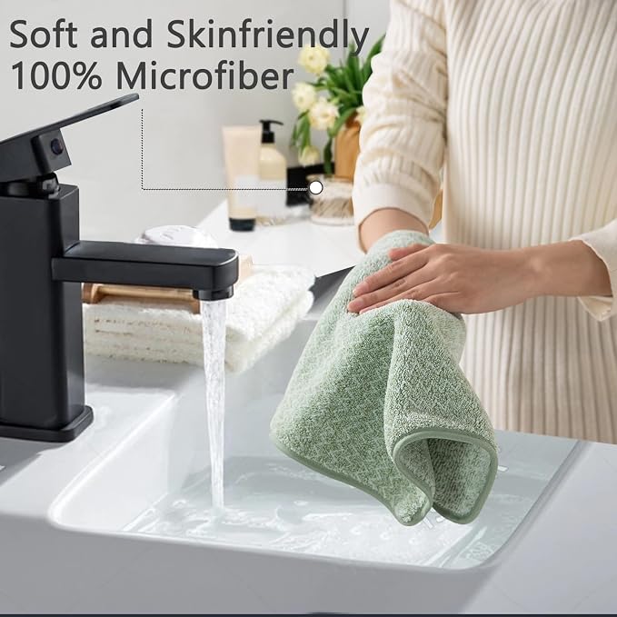 Ycosy 18 Piece Bath Towels Set,100% Microfiber Family Bathroom Towel with Hanging Loops-6 Bath Towels,6 Hand Towels,6 Washcloths,Quick Dry Highly Absorbent Shower Towel for Bathroom,Hotel,Spa-Green