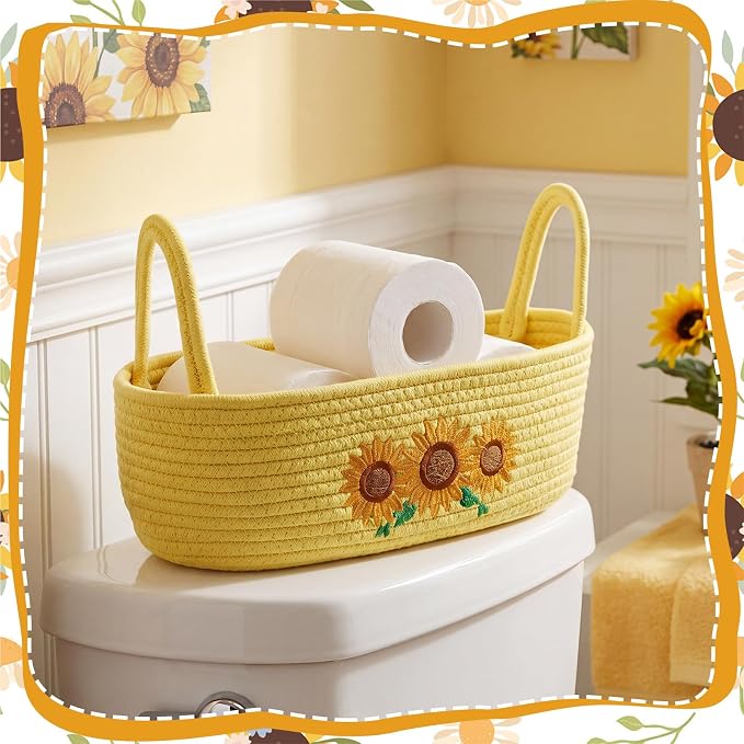 Vesici Sunflower Basket Yellow Woven Cotton Rope Bathroom Organizer | Boho Decor for Toilet Tank Top, Nursery Toys, Bedroom Countertop, Woven Organizer with Handles, 13x6x4 Inch