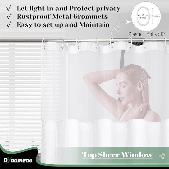 Fabric Shower Curtain with Snap in Liner, White Waffle Hotel Shower Curtains for Bathroom, Washable Waterproof Cloth Shower Curtain Liner Set with Plastic Hooks, Mesh Top Window, 72x72