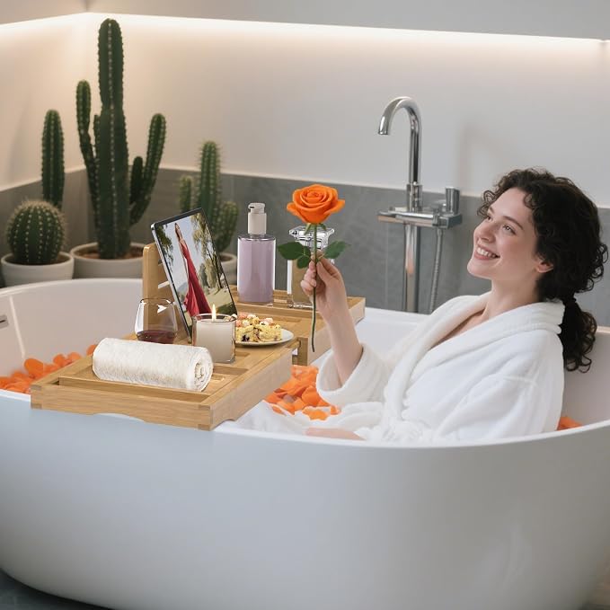Bathtub Tray Caddy, Bamboo Expandable Bath Tray for Tub | Foldable Bath Table Trays, Bathtub & Bathroom Accessories for New Home & Mothers, Birthday Gifts for Mom, Natural