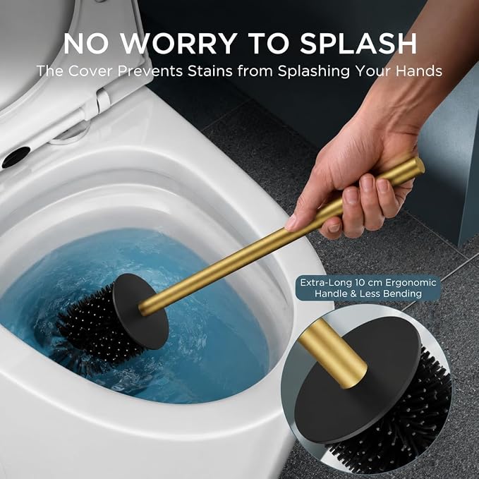 FORIOUS Toilet Brush, 2 Toilet Bowl Brush Head Square Short Gold | Heavy Duty 304 Stainless Steel Base, Silicone and Plastic Brush Heads, 360° Deep Cleaning, Drip-Proof, Splash-Proof Design
