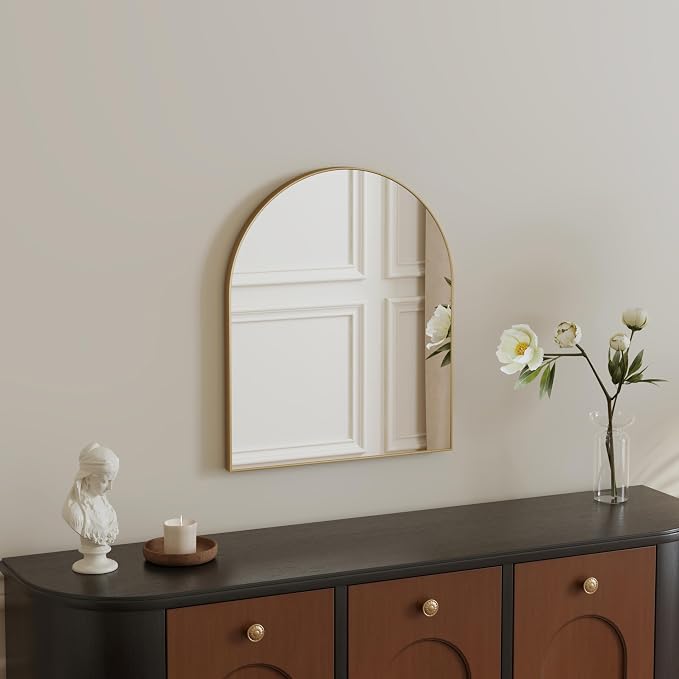 Arched Bathroom Mirror 15"x18", Gold, Tempered Glass | arch bathroom mirror gold wall mounted vanity tempered glass metal frame bedroom entryway living room