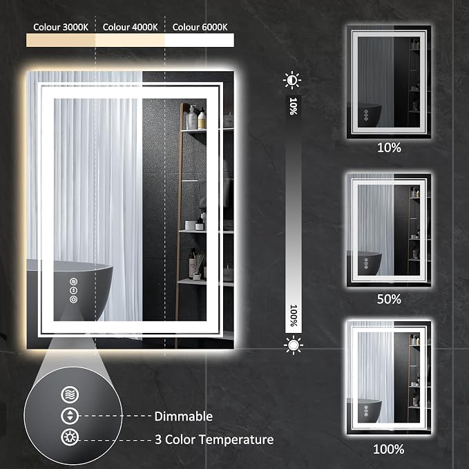 Snowdool 28 x 20 in LED Bathroom Mirror, Front and Backlit, Anti-Fog | Front and Backlit, Stepless Dimming, Anti-Fog, Memory Function