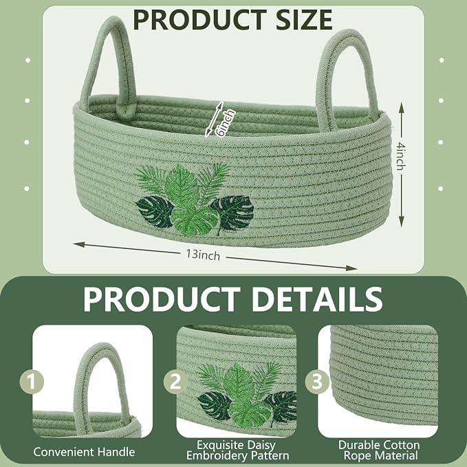 Vesici Palm Leaves Toilet Paper Basket Boho Woven Cotton Rope Bathroom Countertop Organizer with Handle Green Summer Tropical Monstera Bathroom Storage Decor for Bedroom Nursery, 13 x 6 x 4 Inch