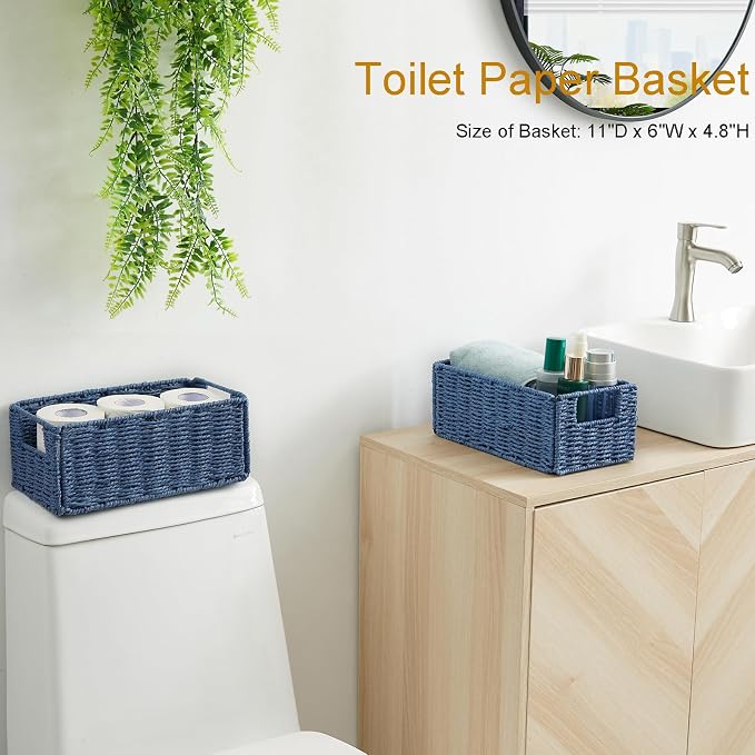 Wicker Storage Basket, Set of 2 Hand-Woven Paper Rope Wicker Basket, Small Storage Baskets for Organizing Toilet Paper Basket, Foldable Large Cube Storage Organizer Bins for Shelves (Blue)