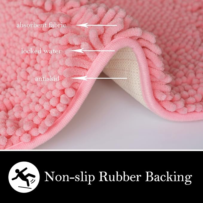 Bathroom Rugs Chenille Bath mat 2 Piece Set, Super Absorbent, Strong PVC Non Slip Backing, Bath mats for Bathroom, Plush Shaggy, Thick, Machine Washable, Bathtub, Shower, Toilet.(Pink)