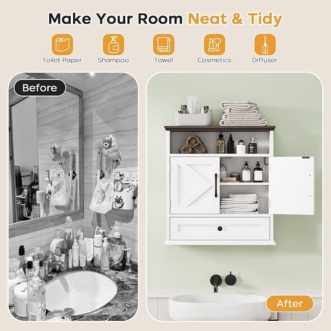 Bathroom Wall Cabinet, Wall Mounted Medicine Cabinet 24.4"H x 23.6"W x 9"D | With Drawer, Barn Doors & Adjustable Shelf, White Over Toilet Farmhouse Storage Cabinet for Kitchen, Laundry Room, Entryway
