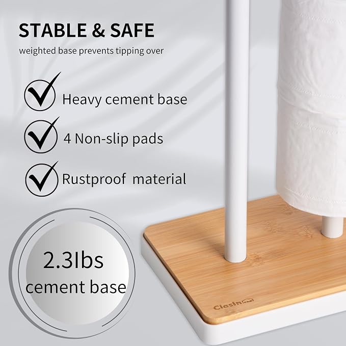 Clasin Home Toilet Paper Holder Stand, Free Standing Toilet Paper Holder with Storage and Top Shelf, White Toilet Paper Stand Weighted Base with Bamboo Design for Bathroom