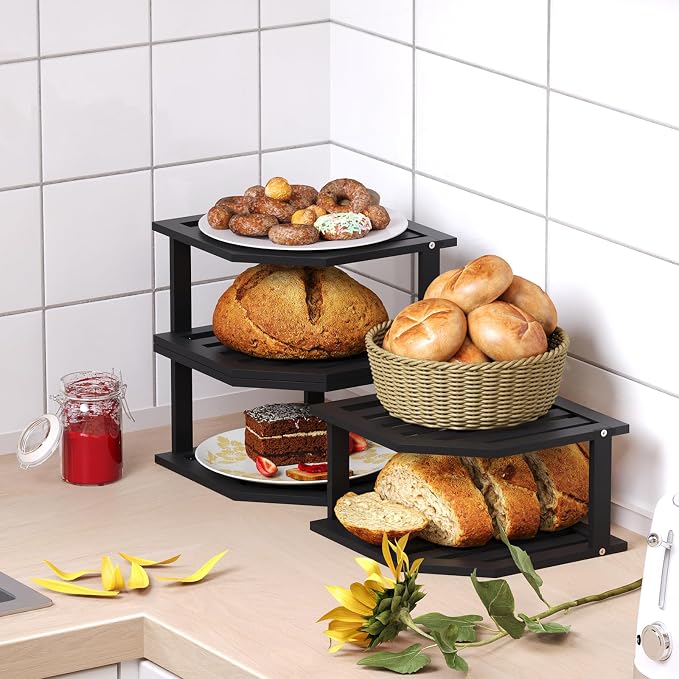 VERTORGAN 2 Tier Bamboo Corner Shelf 3 Pack Plate Organizer Kitchen(Black) | Pantry Storage,Dish Rack,Spice Rack,Corner Organizer,Kitchen Counter Shelves,Kitchen Storage,Holds Plates