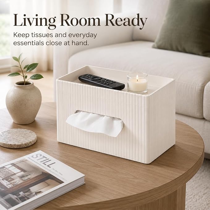 Ribbed PU Leather Tissue Box Cover with Storage Tray, Rectangular Facial Tissue Holder for Bathroom Vanity, Nightstand & Office Desk, Modern Decorative Tissue Dispenser (Ivory White)