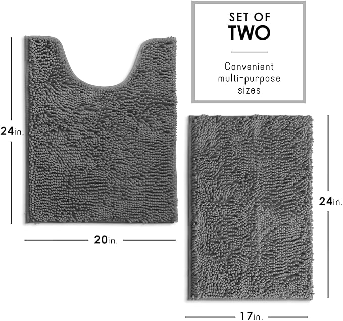 Hearth & Harbor Bathroom Rugs, Chenille Bath Mat - Machine Washable Bath Mats for Bathroom Non-Slip Backing Rubber, Quick Dry Bathroom Mat - Grey 17x24-20x24