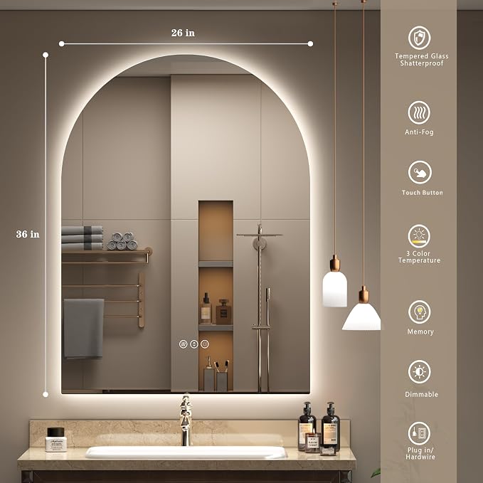 26x36 Inch Backlit Arched LED Bathroom Mirror | Dimmable Lighted LED Vanity Mirror, Anti-Fog, 3 Colors, Shatterproof, Memory, ETL Listed