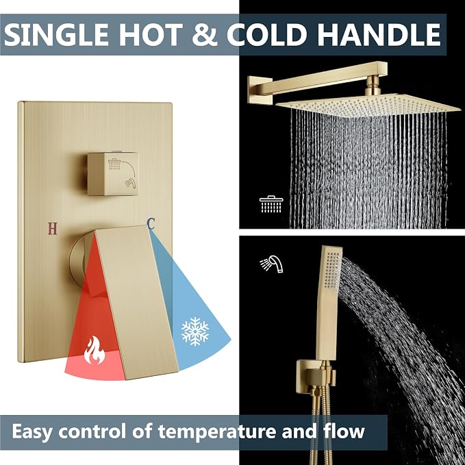 Aolemi Shower Faucet Set with Handheld Brushed Gold 16 Inch Head | Pressure Balance Shower Valve and Trim Kit,SUS304 Rain Head and Handle System,All Metal,Wall Mount,Bathroom,Handheld Spray