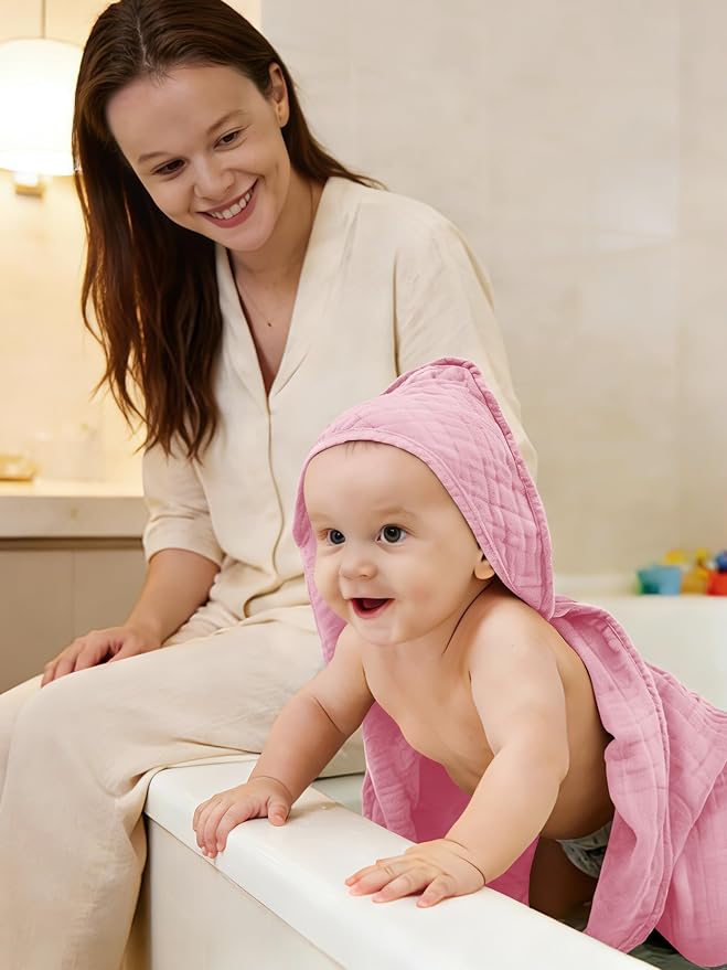 Muslin Hooded Baby Bath Towels - 3 Pack 100% Cotton Ultra-Soft Towels for Newborns, Infants, Toddlers - 32x32 Inch - Highly Absorbent, Quick-Dry Essentials for Bath Time, Beach, Pool, Sakura Series