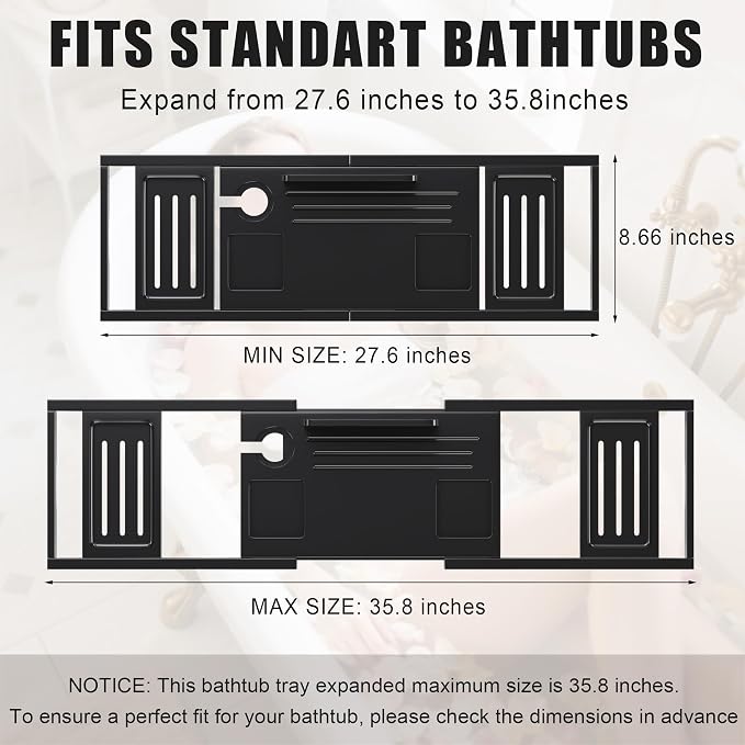 Bathtub Tray Caddy, Bamboo Expandable Bath Tray for Tub | Foldable Bath Table Trays, Bathtub & Bathroom Accessories for New Home & Mothers, Birthday Gifts for Mom, Black