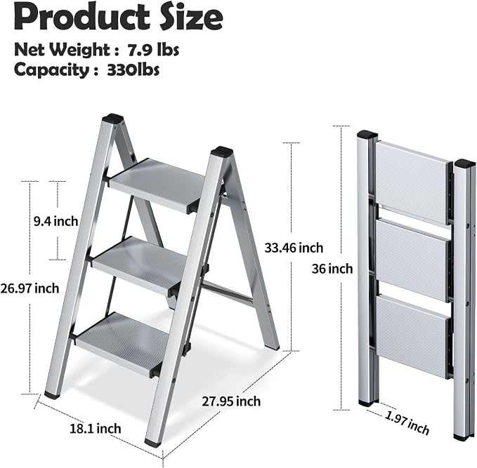 Taranta 3 Step Stool Foldable,Aluminum Step Ladder-Sliver | Lightweight,Wide Anti-Slip Pedals,Folding Step Stool,330lbs Capacity for Household,Kitchen,Office
