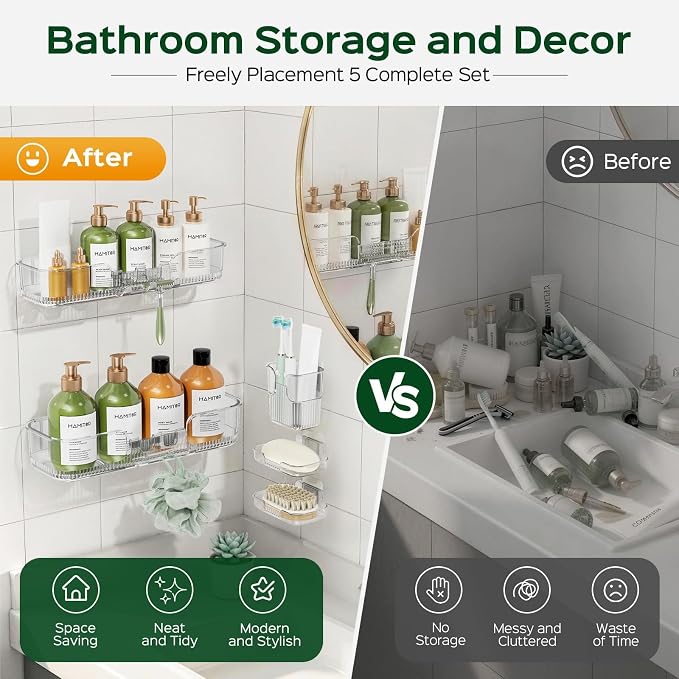 HAMITOR 5 Pack Adhesive Shower Caddy, Clear Transparent Shower Organizer | Modern Clear Design, Waterproof Adhesive Setup, Quick Drainage Shelves, Perfect for Homeowner, Apartments & Stylish Bathrooms