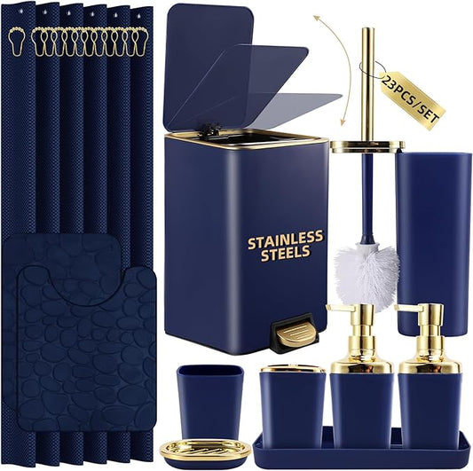 Bathroom Sets with Shower Curtain and Rugs Bathroom Accessories Set Navy Blue Bathroom Set,Soap Dispenser & Toilet Brush Holder Set with Stainless Steel Trash Can(23 PCS)