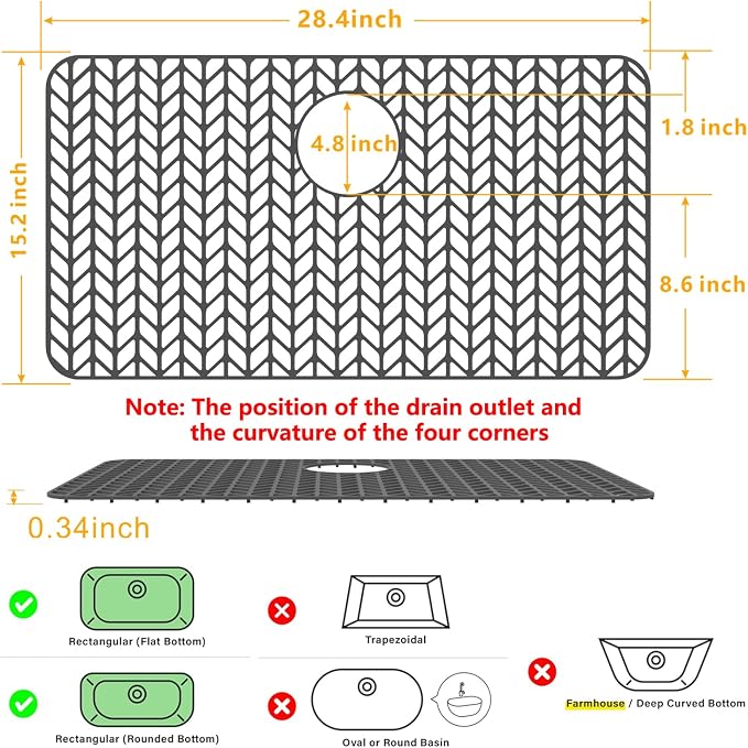 Sink Protectors for Kitchen Sink 28.4"x15.2" Rear Drain Sink Mat | Various sizes and styles,Protector for sinks and dish,Withstand to 500F,Food-grade silicone ,raised feet,Dishwasher Washing