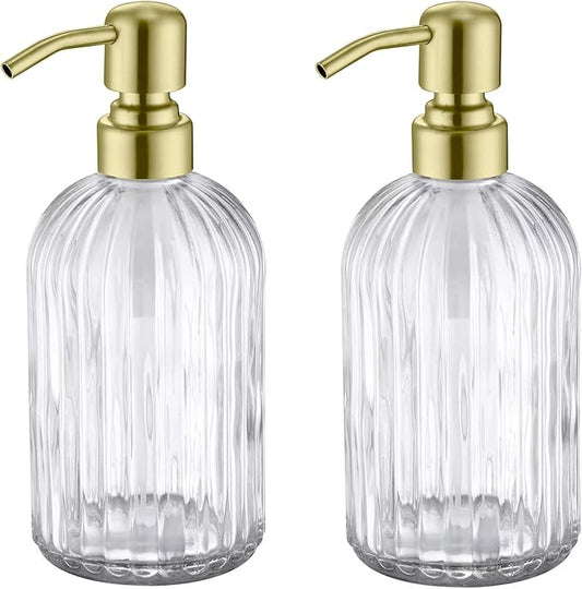 Gold Glass Soap Dispenser with Rust Proof Metal Pump, Vintage & Antique Design, 16oz Clear Glass Dish Soap Dispenser for Bathroom & Kitchen, 2 Packs