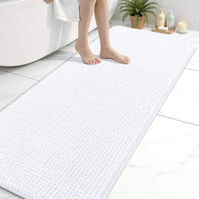 Arotive Chenille Bathroom Rugs 70x24, Soft Absorbent Bath Mat, White | Rubber Backing, Machine Washable Dry Bath Mats for Bathroom Floor, Tub and Shower, Home Decor Accessories