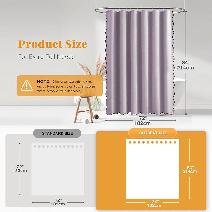 Boho Scalloped Linen Textured Cloth Shower Curtain, 72x84, Lavender | Tall Size, 230GSM Waterproof Polyester, Heavy Duty Fabric, 12 Plastic Hooks, Elegant Modern Farmhouse Style, Machine Washable