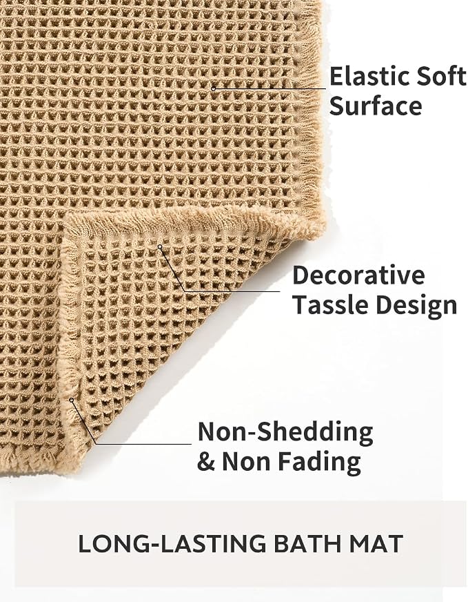 tchdio Waffle Bath Mat Rug, Super Absorbent Non Slip Bath Mats for Bathroom Mat Ultra Soft Bathmat Machine Washable Bathroom Rugs with Tassels, Bath Rugs Beside Tub, 24" x 36"
