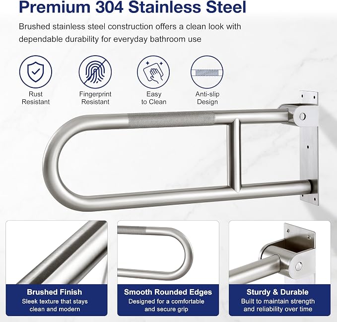 24 Inch Toilet Grab Bar-304 Stainless Steel Flip Up Handrail | Anti-slip grip| Brushed finish | Wall mount | Space saving fold up design | Template & hardware included