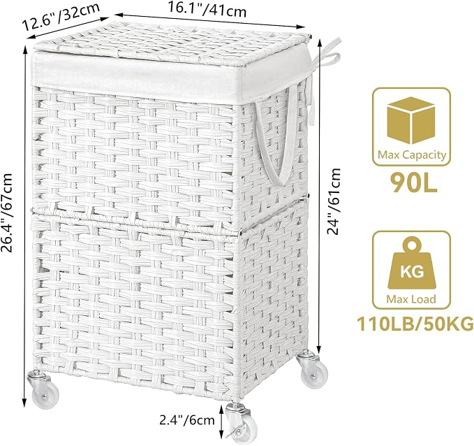 Chrislley Wicker Laundry Basket with Wheels,Rolling Laundry Hamper with Lid | 90L Slim Clothes Hamper with Wheels & Removable Liner Bag, Handwoven Rattan Laundry Organizer for Bedroom, Bathroom, White