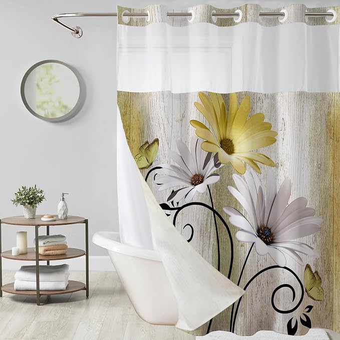 Hookless Shower Curtain with Snap in Liner, Yellow No Hook Shower Curtains for Bathroom，Shower Curtain and Liner Set for Bathroom Decor,Waterproof & Washable,72x75 Inch