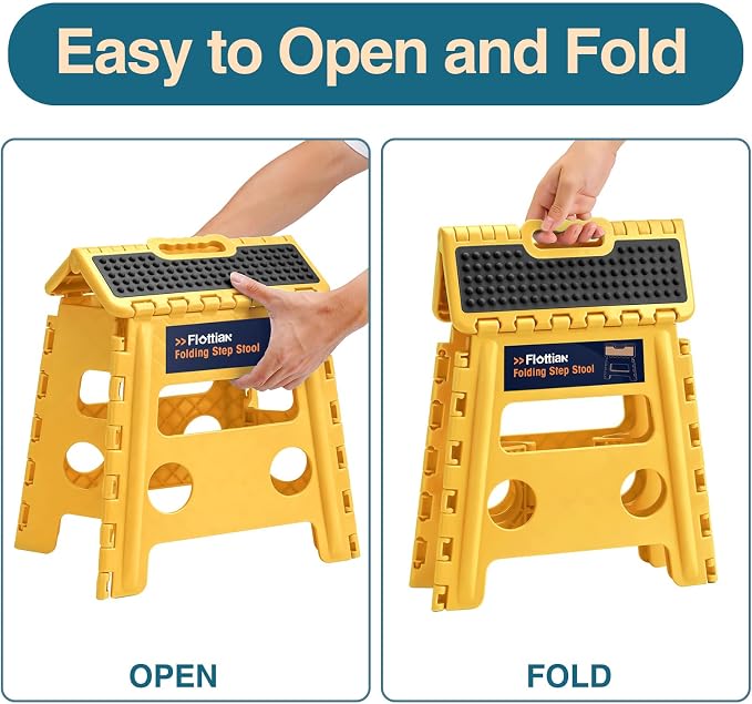 Flottian 13" Folding Step Stool for Adults and Kids Holds Up to 300 lbs,Non-Slip Folding Stools with Handle, Compact Plastic Foldable Step Stool for Bathroom,Bedroom, Kitchen,Bright Yellow,1PC