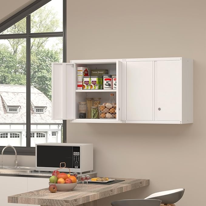 Wall Cabinet,Metal Wall Cabinet for Garage with Lock,Metal Locking Storage Cabinet with Adjustable Shelf for Kitchen,Home Office,White