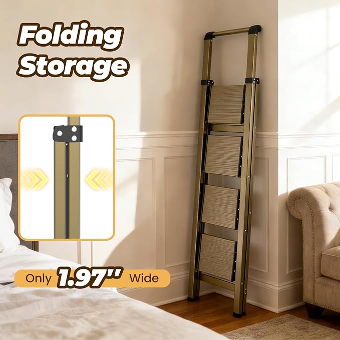 HBTower 4 Step Ladder, Lightweight Aluminum Folding Step Stool | Anti-Slip Wide Pedal, 330lbs Capacity Step Ladder for Household Kitchen Office, Gold