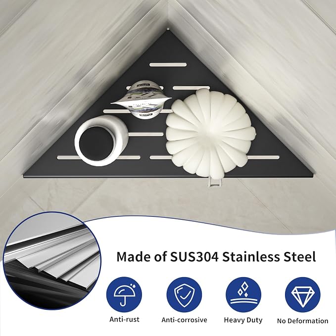 Corner Shower Shelf 10" Matte Black | 304 Stainless Steel, Slot Design, Recessed Corner Shelf, Bathroom Grout in Shelf for Tiled Wall