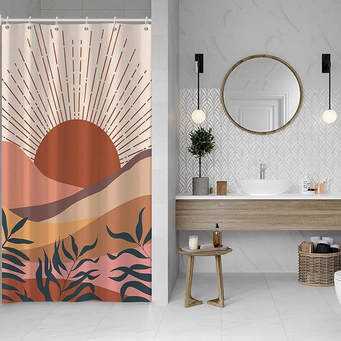Boho Terracotta Shower Curtain for Bathroom 54x72 Inch | Waterproof Abstract Sunrise and Mountain Shower Curtain Set with Hooks, Mid Century Bathroom Decor