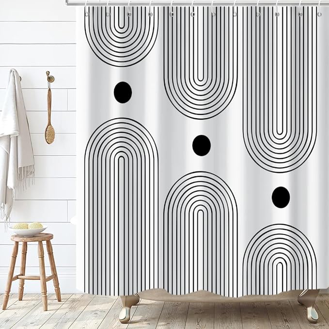 White and Black Extra Long Shower Curtain, Boho Minimalist Mid Century Modern Arch Geometric Machine Washable Waterproof Fabric for Bathroom Bathtub with Hooks 72Wx84H