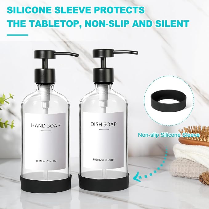 RYTOXILO Clear Soap Dispenser 2 Pack, Glass Soap Dispenser with Stainless Steel Pump, 16.9 Fl oz Refillable Kitchen Hand and Dish Soap Dispensers Set, Modern Clear Soap Lotion Dispensers Bottle