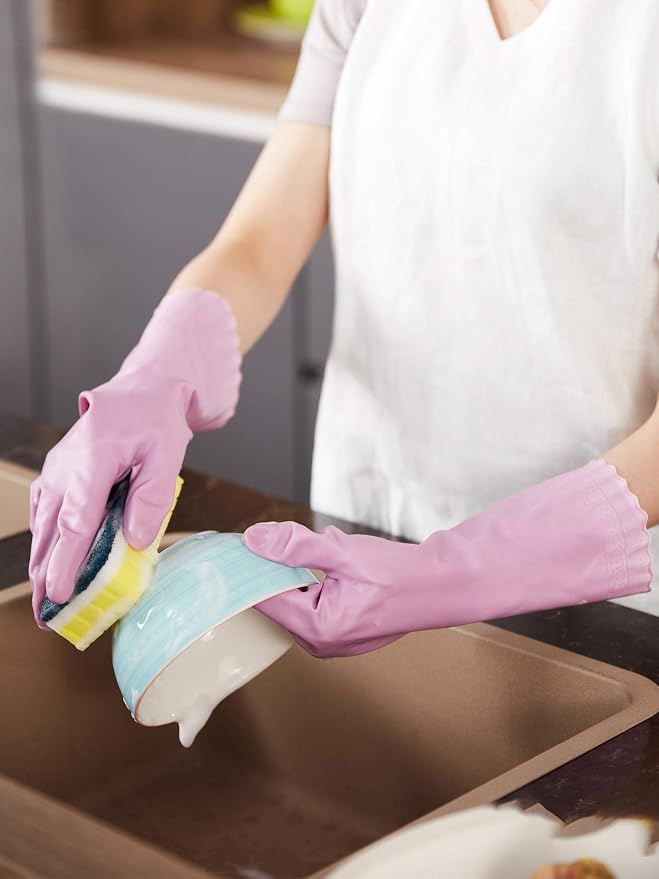 LANON wahoo Cleaning Gloves with Cotton Flocked Liner, Mauve Mist, Small | Skin-Friendly, Dish Washing, Reusable, Latex Free, DEHP-Free,Non-Slip, Dishwashing Household Kitchen Gloves