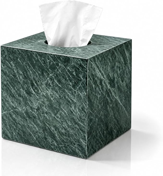Marble Tissue Box Holder Cover with Open Bottom for Bathroom | Square Cube Polished Surface Tissue Box Holder for Bedroom Dressers, Kitchen Countertop, Indian Green