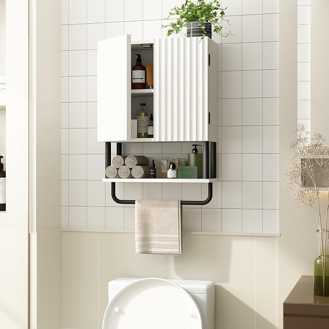 RUSTOWN Fluted Bathroom Wall Cabinet with 2 Doors, 3-Tier Medicine Cabinet | Modern Farmhouse Wall Mounted Cabinets, Over The Toilet Storage Cabinet, Adjustable Shelf and Towel Bar, Small