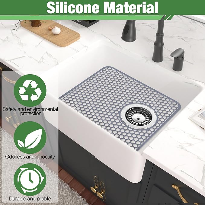 Sink Protectors Mat - 13.5"x11.57" Kitchen Sink Pad for Bottom of Basin for Protection of Stainless Steel and Tableware, Farmhouse Rubber Basin Mat Protector with Side Drain - Light Gray