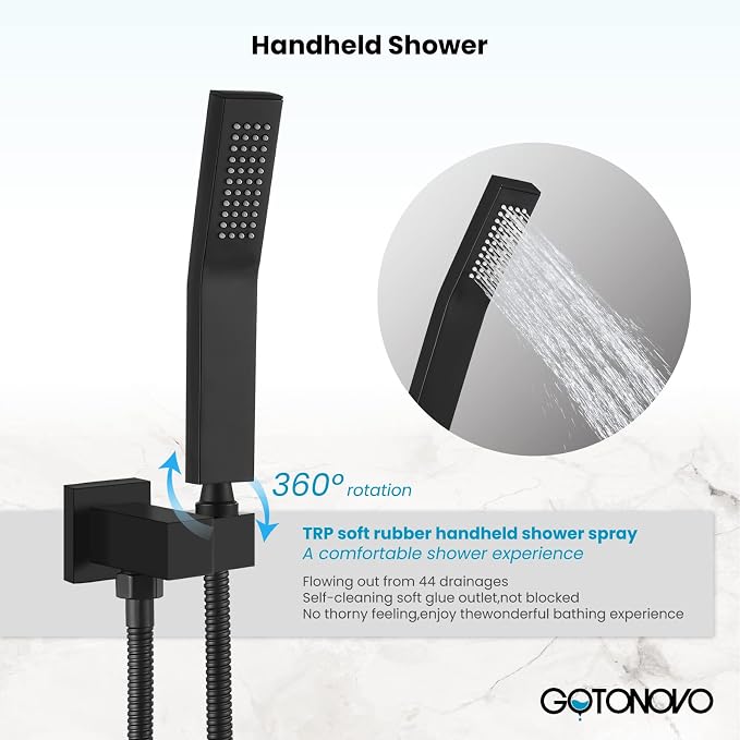 gotonovo Shower Faucet Set with Handheld Spray Matte Black,8'' Head | SUS304 Rainfall Shower Head and Handle Set System Fixture,Pressure Balance Valve Trim Kit,Single Handle,Wall Mount,All Metal