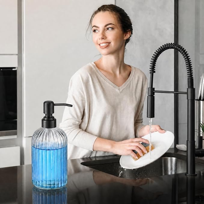 Clear Glass Soap Dispenser | with Matte Black 304 Rustproof Stainless Steel Pump 18oz for Kitchen and Bathroom Hand Soap Dispenser Bottle